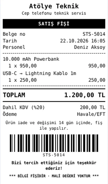1X ile basılmış 80 mm satış fişi